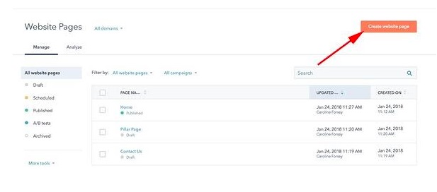 Cómo hacer una página web en Hubspot: selecciona «Crear y editar páginas en HubSpot» para añadir más páginas a tu sitio